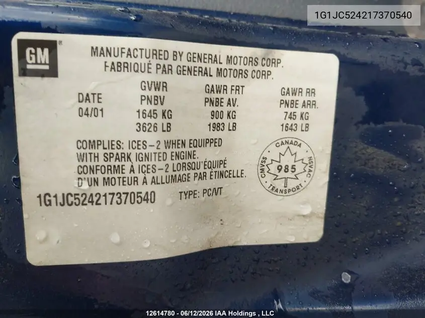 2001 Chevrolet Cavalier Vl/Vlx VIN: 1G1JC524217370540 Lot: 12614780