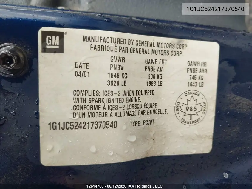 2001 Chevrolet Cavalier Vl/Vlx VIN: 1G1JC524217370540 Lot: 12614780