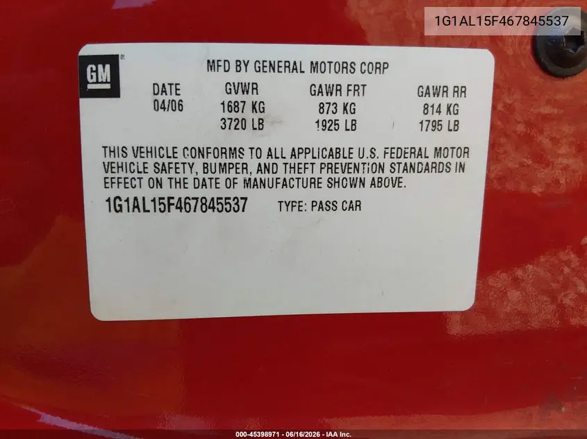 2006 Chevrolet Cobalt Lt VIN: 1G1AL15F467845537 Lot: 45398971