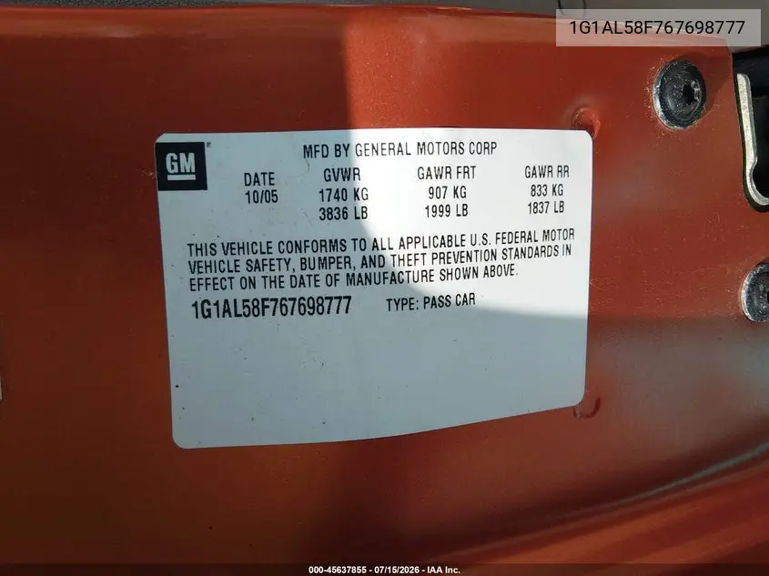 2006 Chevrolet Cobalt Lt VIN: 1G1AL58F767698777 Lot: 45637855