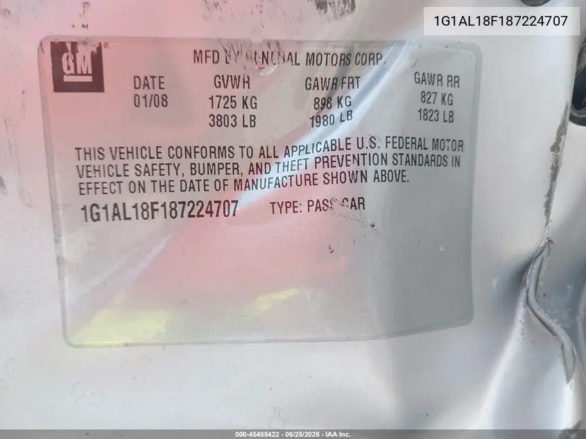 2008 Chevrolet Cobalt Lt VIN: 1G1AL18F187224707 Lot: 45485422