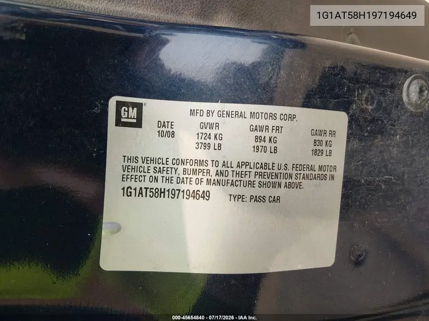 2009 Chevrolet Cobalt Lt VIN: 1G1AT58H197194649 Lot: 45654840