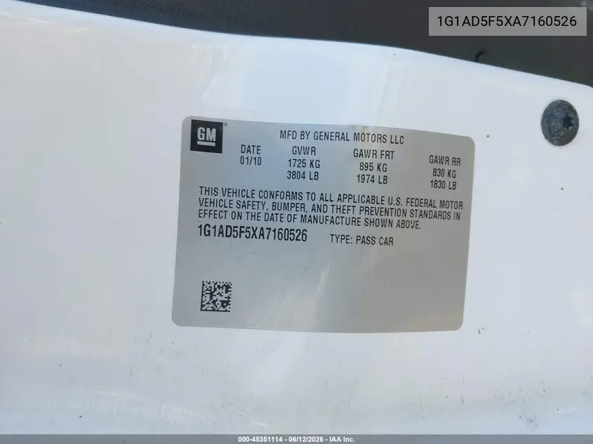 2010 Chevrolet Cobalt Lt VIN: 1G1AD5F5XA7160526 Lot: 45351114
