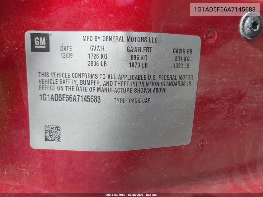 2010 Chevrolet Cobalt Lt VIN: 1G1AD5F56A7145683 Lot: 45537989