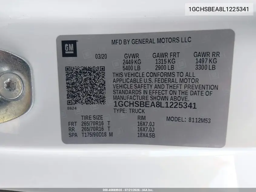 2020 Chevrolet Colorado 2Wd Long Box Wt VIN: 1GCHSBEA8L1225341 Lot: 45669935