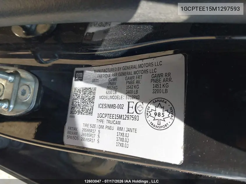 2021 Chevrolet Colorado Zr2 VIN: 1GCPTEE15M1297593 Lot: 12603047x