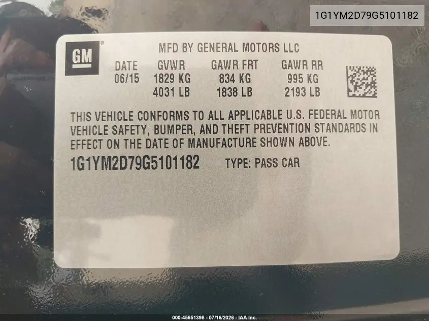 2016 Chevrolet Corvette Stingray Z51 VIN: 1G1YM2D79G5101182 Lot: 45651398