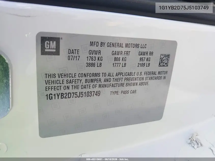 2018 Chevrolet Corvette Stingray VIN: 1G1YB2D75J5103749 Lot: 45315681