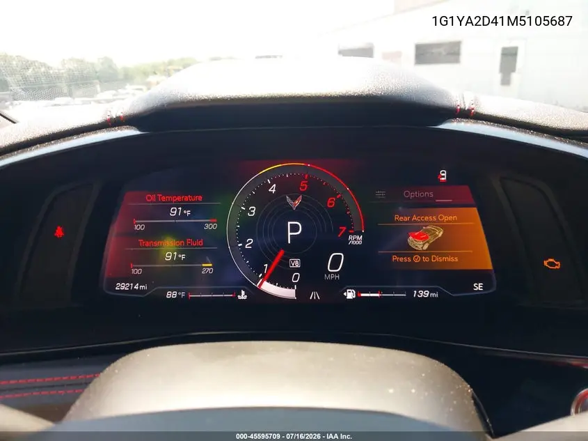 2021 Chevrolet Corvette Stingray Rwd 1Lt VIN: 1G1YA2D41M5105687 Lot: 45595709