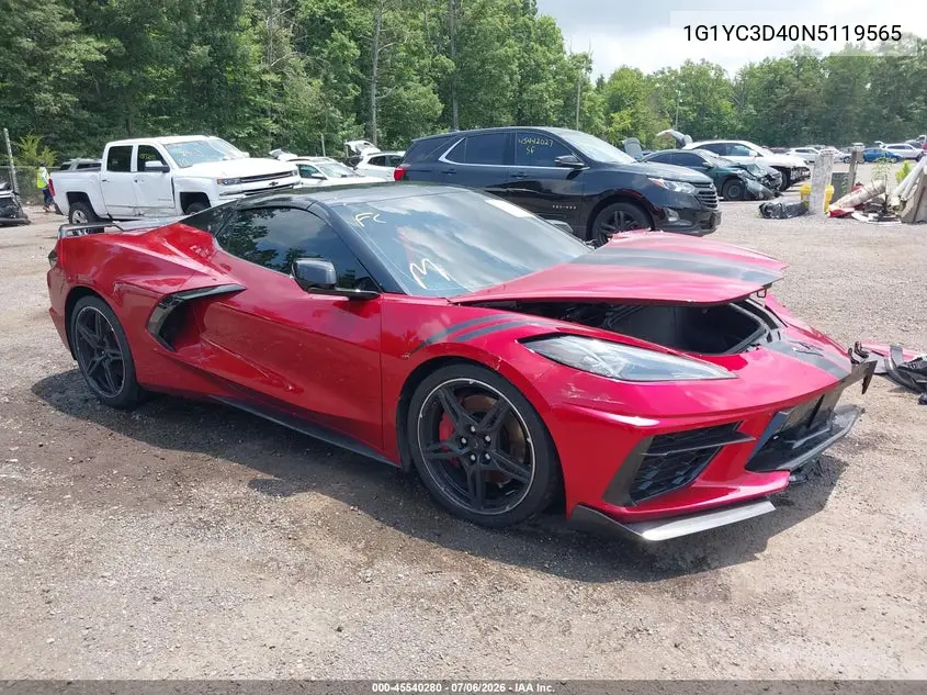 2022 Chevrolet Corvette Stingray Rwd 3Lt VIN: 1G1YC3D40N5119565 Lot: 45540280
