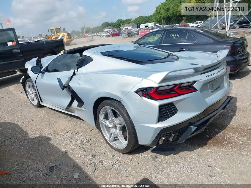 2022 Chevrolet Corvette Stingray Rwd 1Lt VIN: 1G1YA2D40N5122918 Lot: 45549114