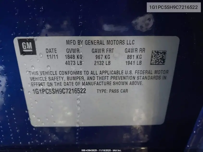 1G1PC5SH9C7216522 2012 Chevrolet Cruze Ls