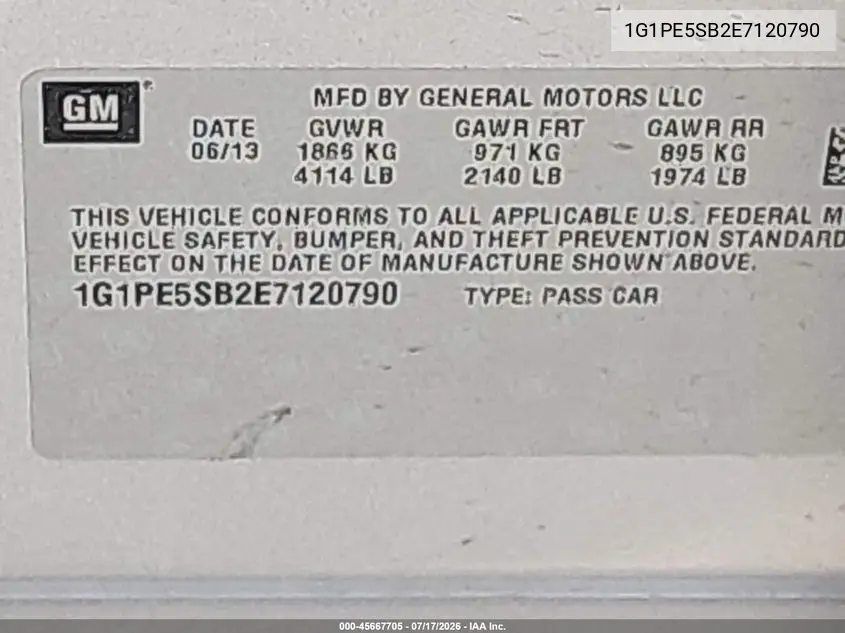 2014 Chevrolet Cruze 2Lt Auto VIN: 1G1PE5SB2E7120790 Lot: 45667705