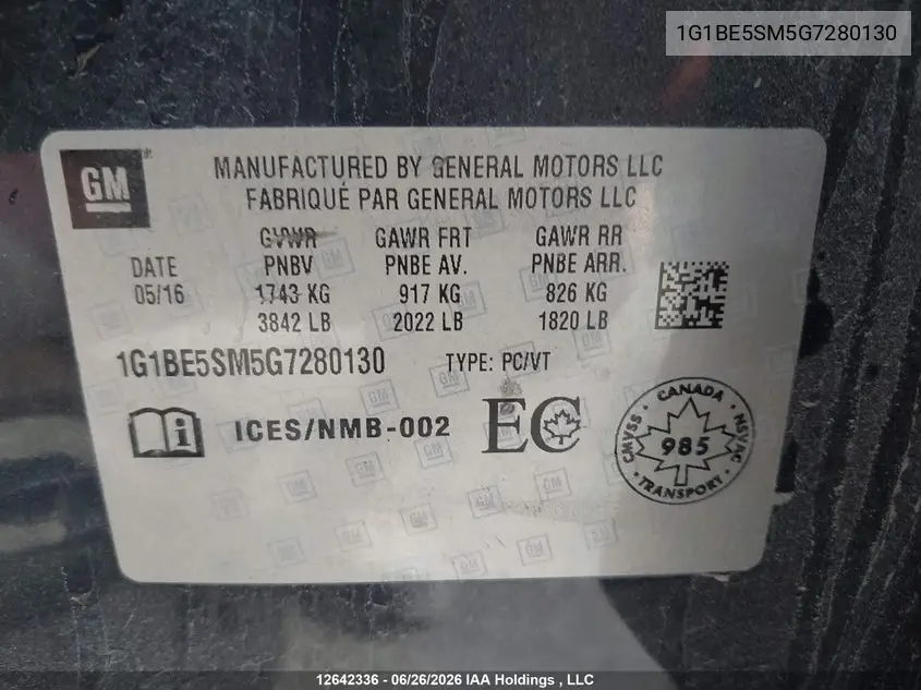 2016 Chevrolet Cruze VIN: 1G1BE5SM5G7280130 Lot: 12642336