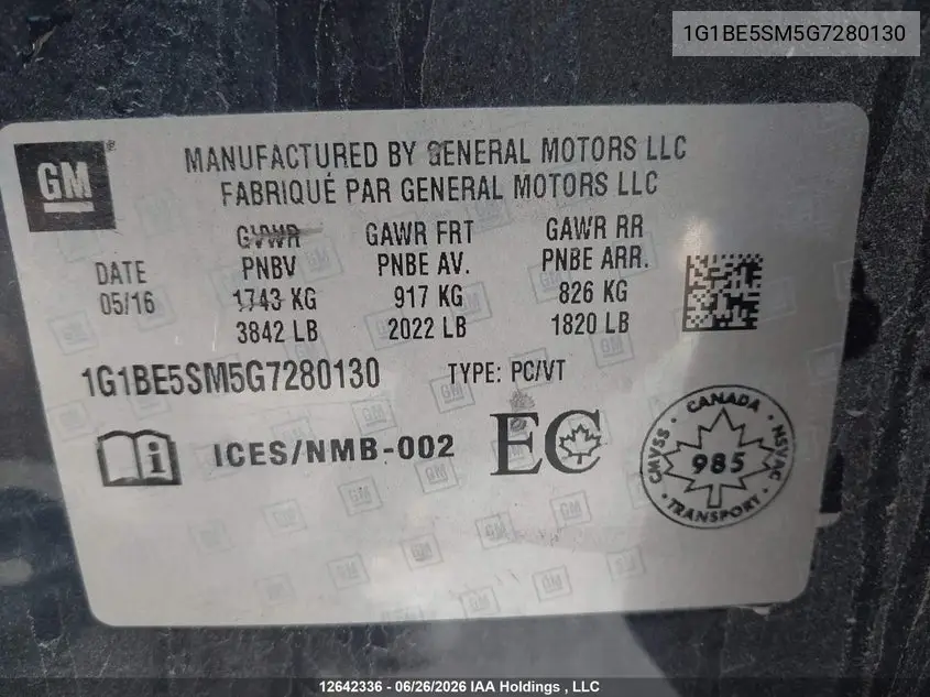 2016 Chevrolet Cruze VIN: 1G1BE5SM5G7280130 Lot: 12642336
