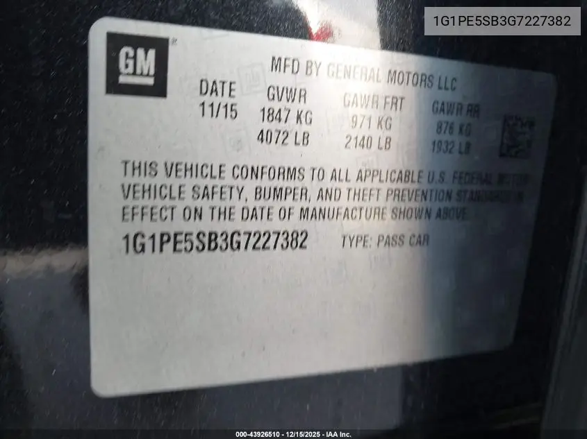 1G1PE5SB3G7227382 2016 Chevrolet Cruze Limited 1Lt Auto