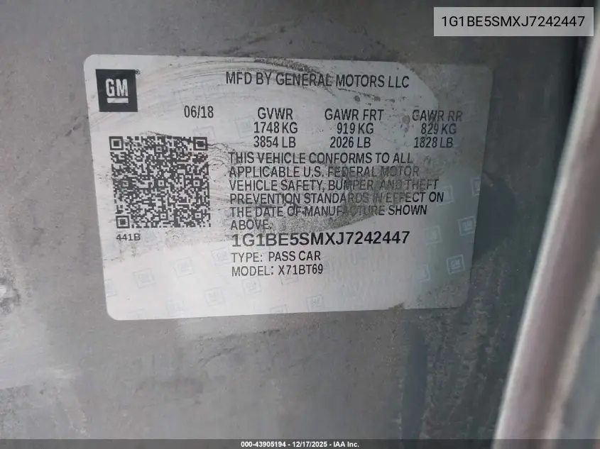 1G1BE5SMXJ7242447 2018 Chevrolet Cruze Lt Auto