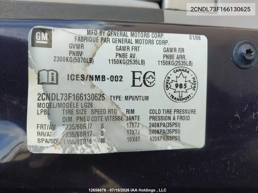 2006 Chevrolet Equinox Lt VIN: 2CNDL73F166130625 Lot: 12656876x