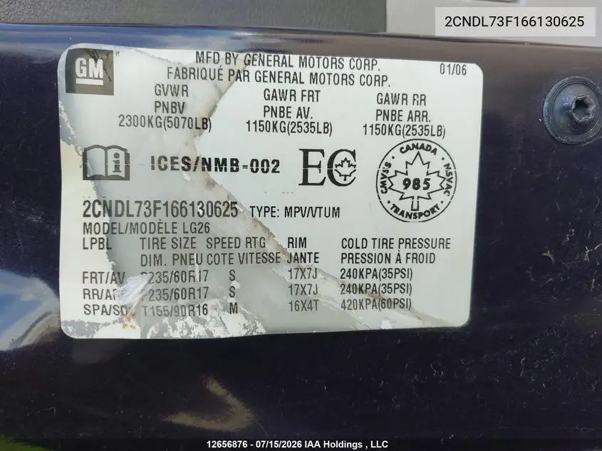 2006 Chevrolet Equinox Lt VIN: 2CNDL73F166130625 Lot: 12656876x