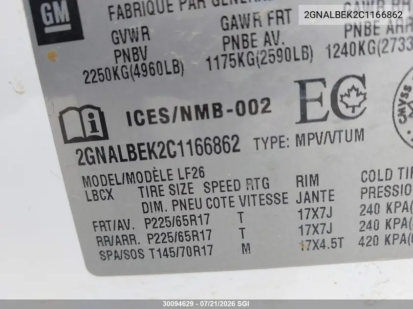 2012 Chevrolet Equinox Ls VIN: 2GNALBEK2C1166862 Lot: 30094629
