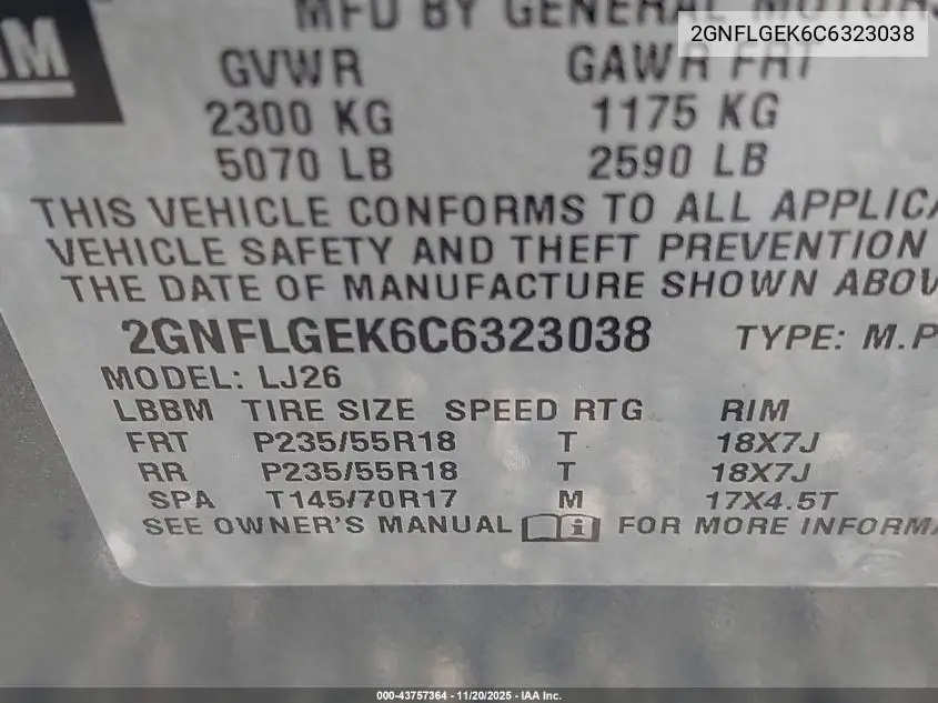 2GNFLGEK6C6323038 2012 Chevrolet Equinox Ltz