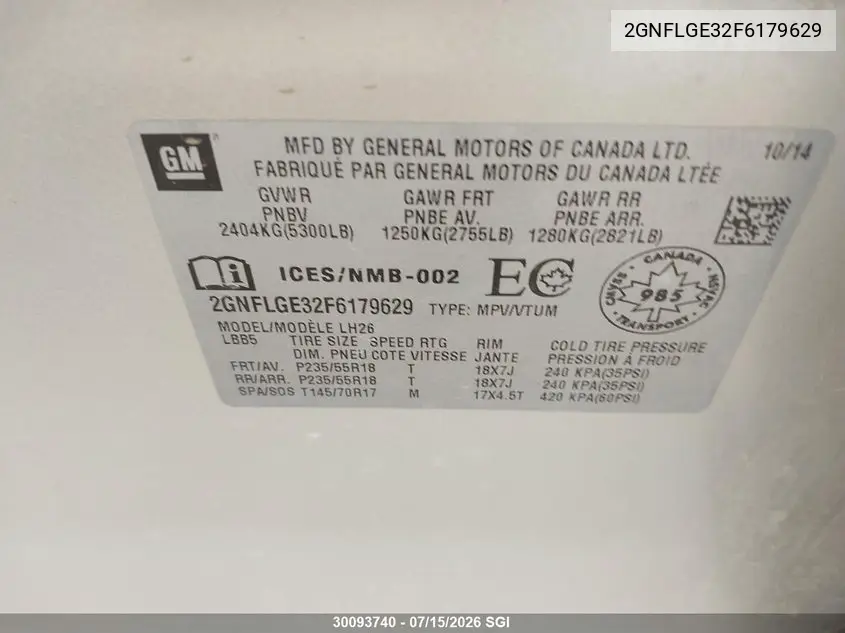 2GNFLGE32F6179629 2015 Chevrolet Equinox 2Lt
