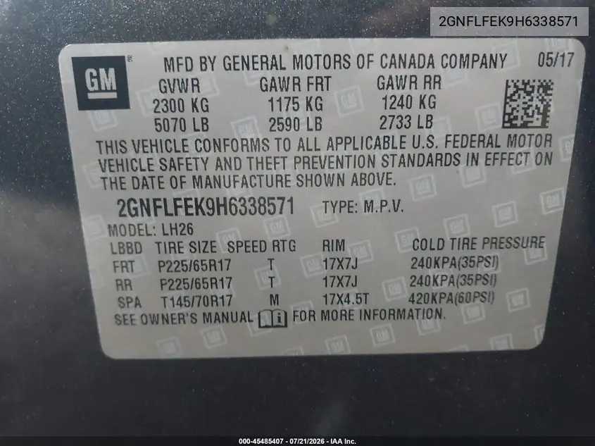 2017 Chevrolet Equinox Lt VIN: 2GNFLFEK9H6338571 Lot: 45485407