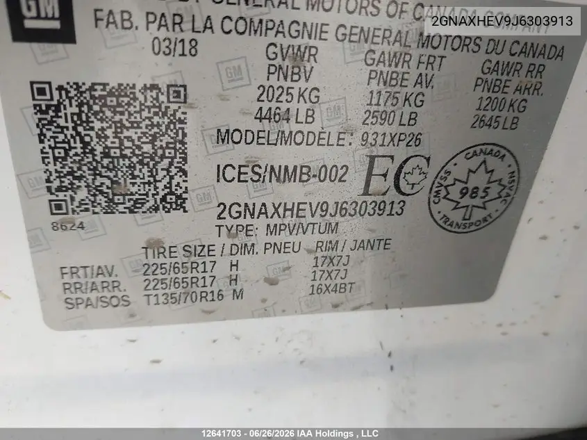 2018 Chevrolet Equinox Ls VIN: 2GNAXHEV9J6303913 Lot: 12641703