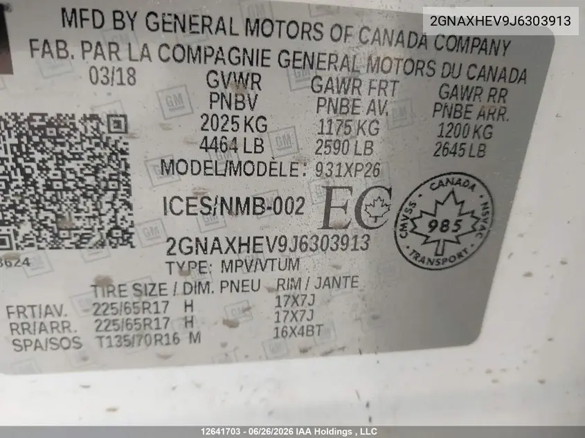 2018 Chevrolet Equinox Ls VIN: 2GNAXHEV9J6303913 Lot: 12641703