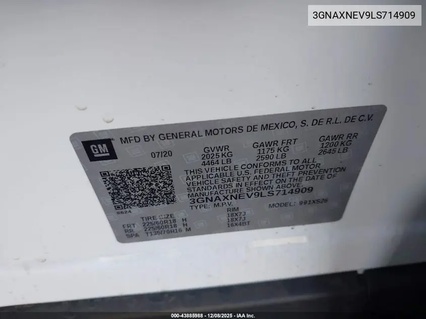 3GNAXNEV9LS714909 2020 Chevrolet Equinox Fwd Premier 1.5L Turbo
