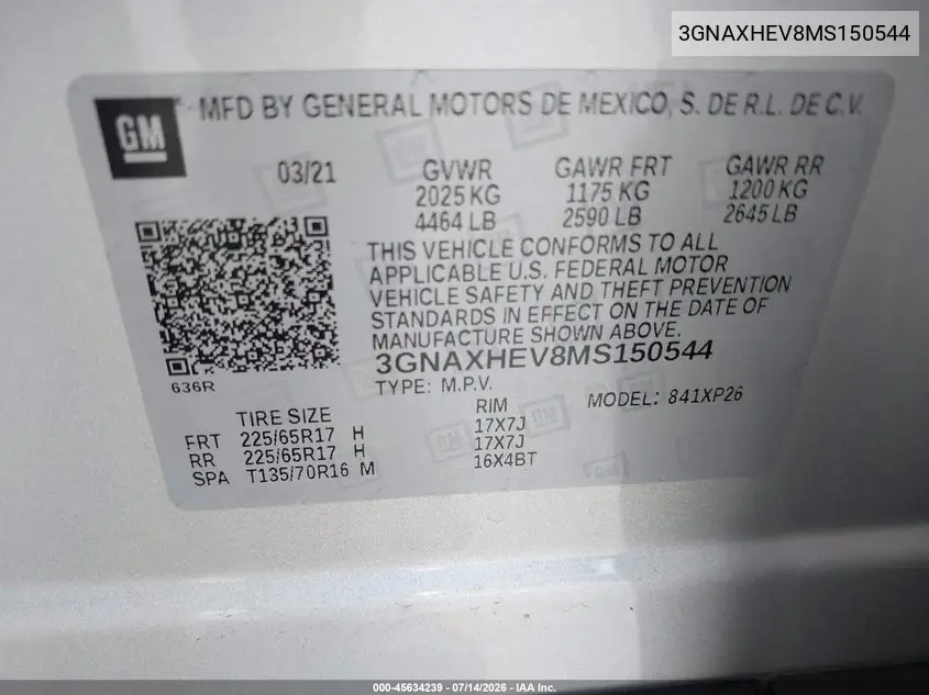 2021 Chevrolet Equinox Fwd Ls VIN: 3GNAXHEV8MS150544 Lot: 45634239