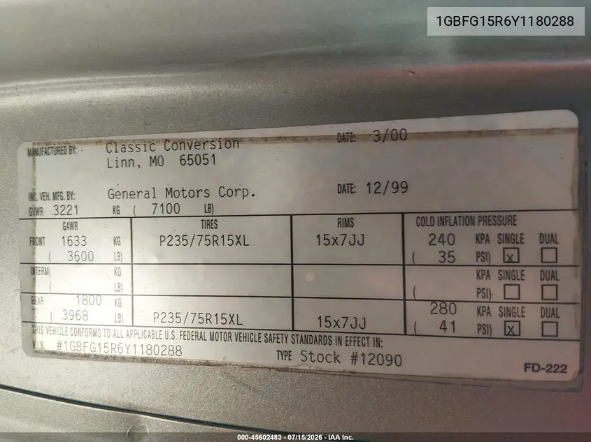 2000 Chevrolet Express Upfitter Pkg. VIN: 1GBFG15R6Y1180288 Lot: 45602483