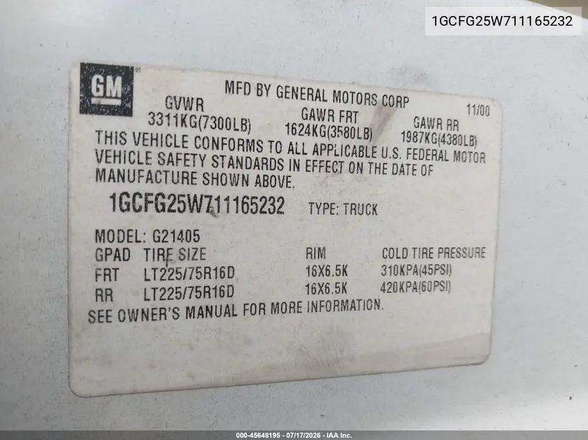 2001 Chevrolet Express VIN: 1GCFG25W711165232 Lot: 45648195