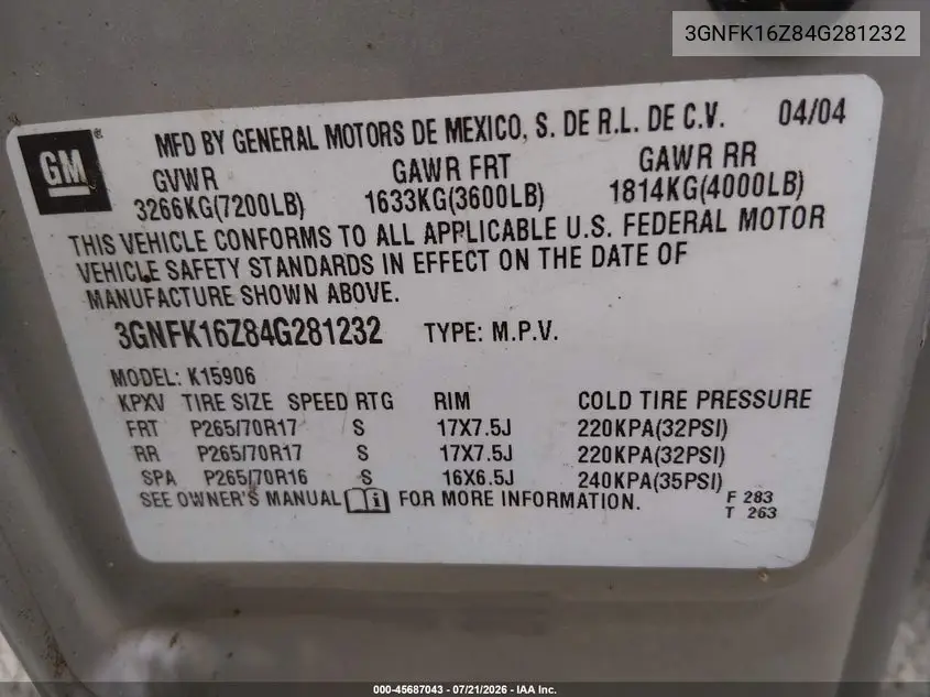 2004 Chevrolet Suburban 1500 Lt VIN: 3GNFK16Z84G281232 Lot: 45687043