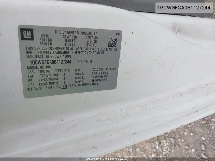 2011 Chevrolet Express 2500 Work Van VIN: 1GCWGFCA0B1127244 Lot: 45569731
