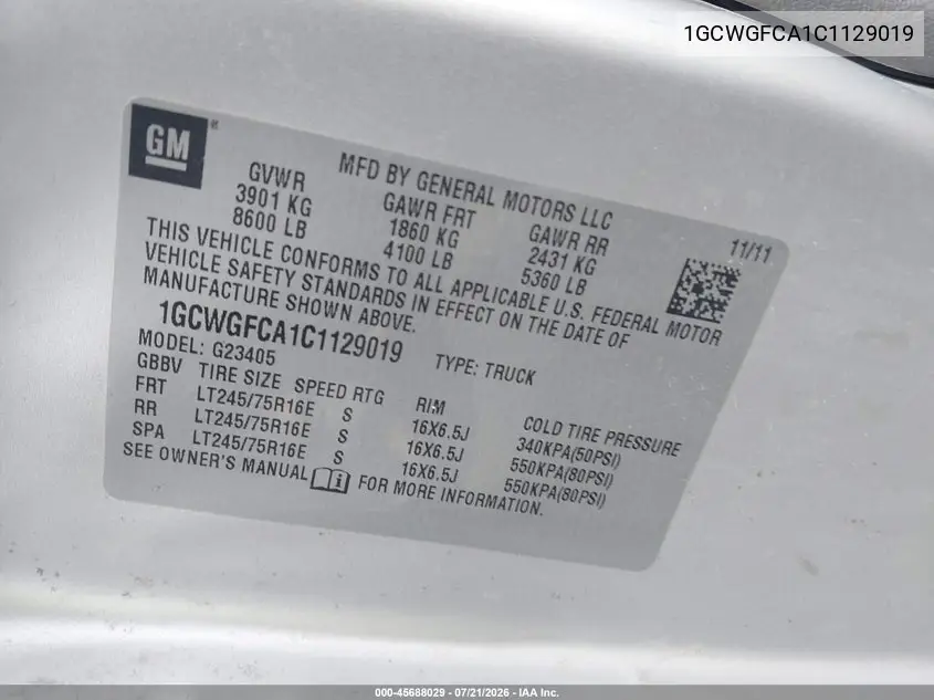 2012 Chevrolet Express 2500 Work Van VIN: 1GCWGFCA1C1129019 Lot: 45688029