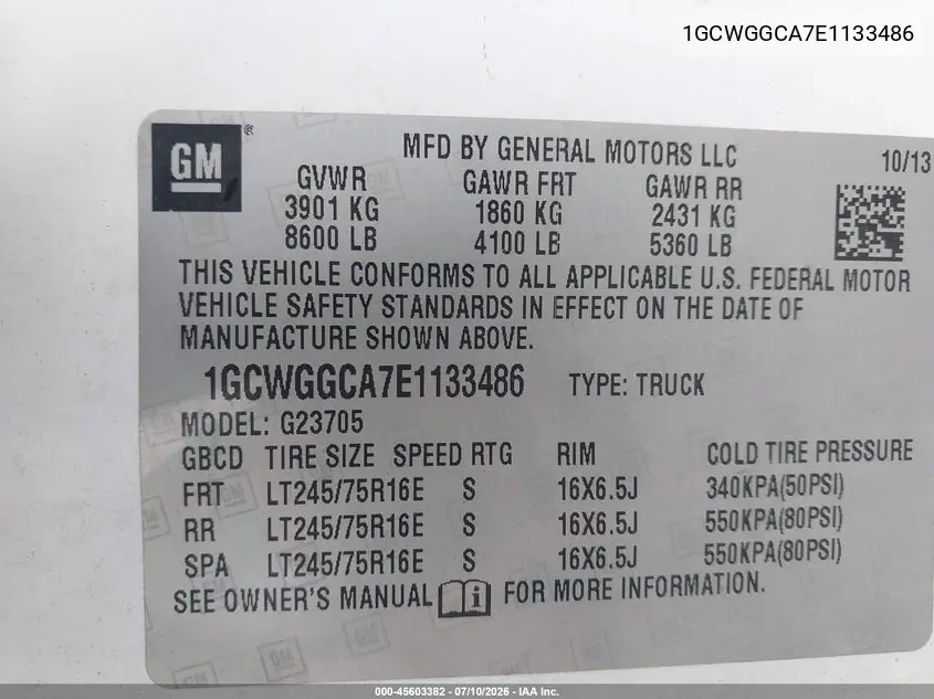 2014 Chevrolet Express 2500 Work Van VIN: 1GCWGGCA7E1133486 Lot: 45603382