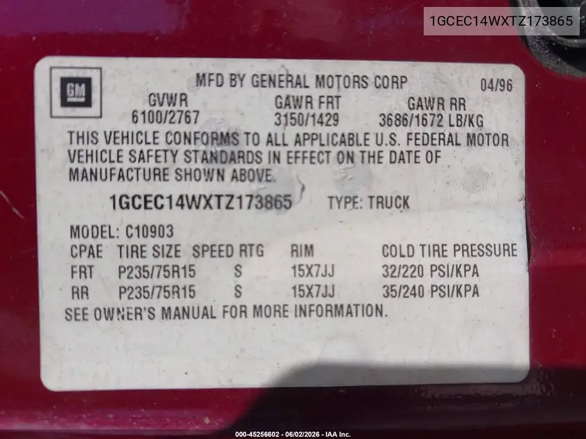 1996 Chevrolet Gmt-400 C1500 VIN: 1GCEC14WXTZ173865 Lot: 45256602