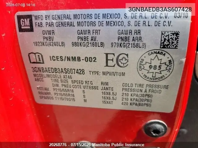 2010 Chevrolet Hhr Ls VIN: 3GNBAEDB3AS607428 Lot: 20268776