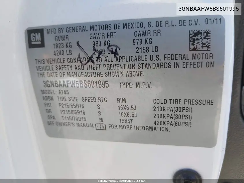 2011 Chevrolet Hhr Ls VIN: 3GNBAAFW5BS601995 Lot: 45328832
