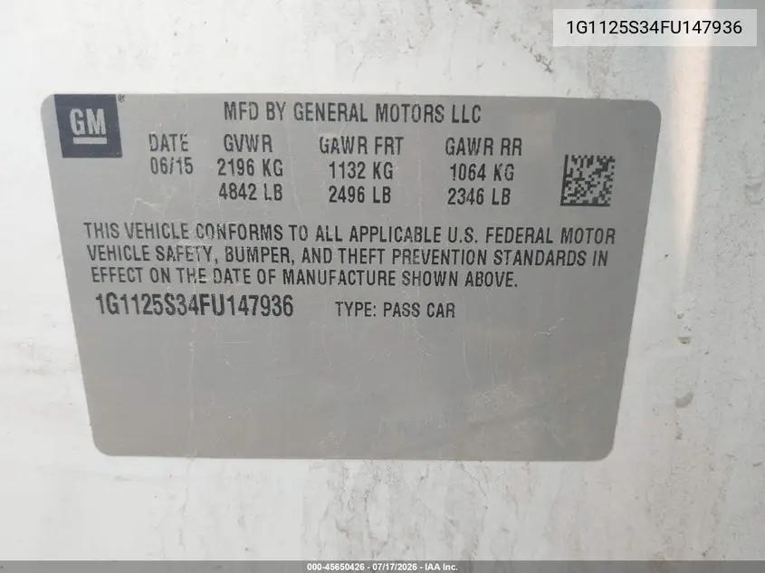 2015 Chevrolet Impala 2Lt VIN: 1G1125S34FU147936 Lot: 45650426