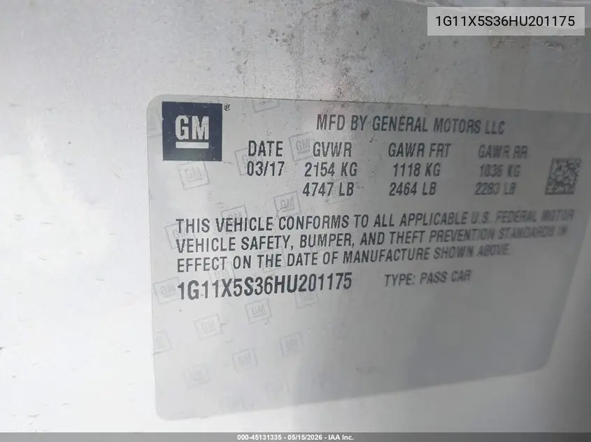 1G11X5S36HU201175 2017 Chevrolet Impala 1Fl