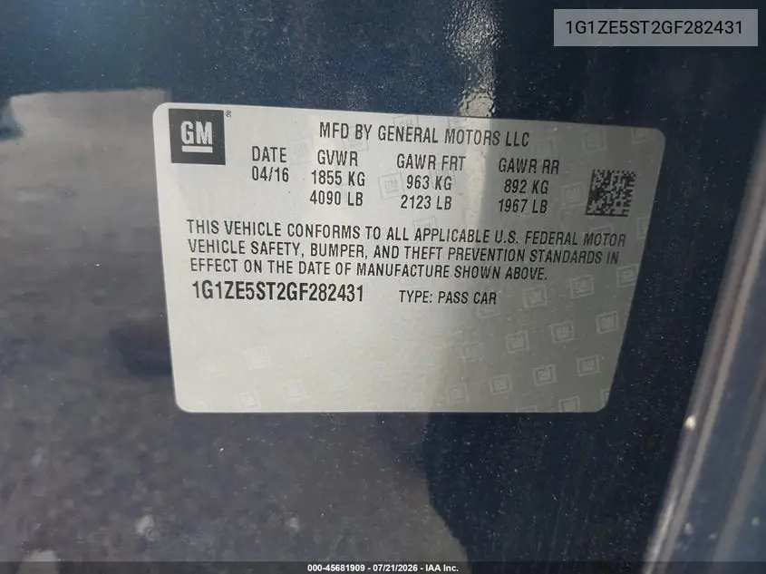 2016 Chevrolet Malibu 1Lt VIN: 1G1ZE5ST2GF282431 Lot: 45681909