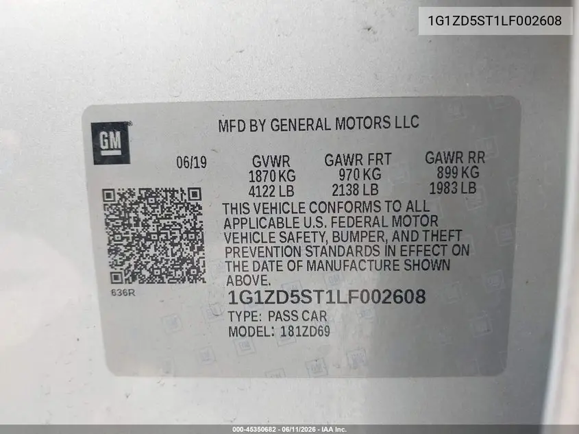 2020 Chevrolet Malibu Fwd Lt VIN: 1G1ZD5ST1LF002608 Lot: 45350682