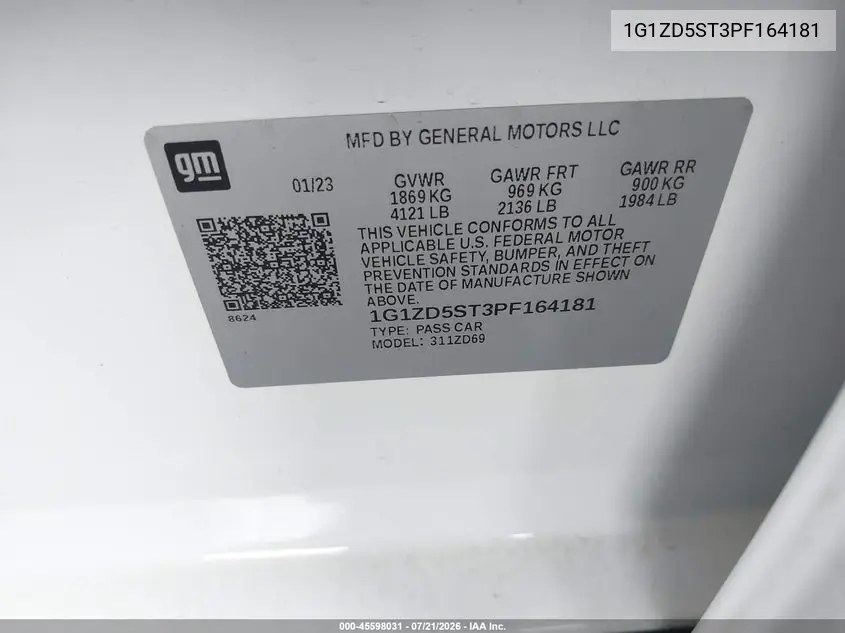 2023 Chevrolet Malibu Fwd 1Lt VIN: 1G1ZD5ST3PF164181 Lot: 45598031