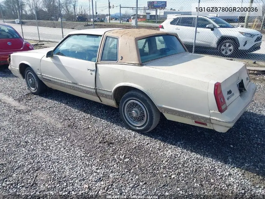 1986 Chevrolet Monte Carlo VIN: 1G1GZ3780GR200036 Lot: 43891932