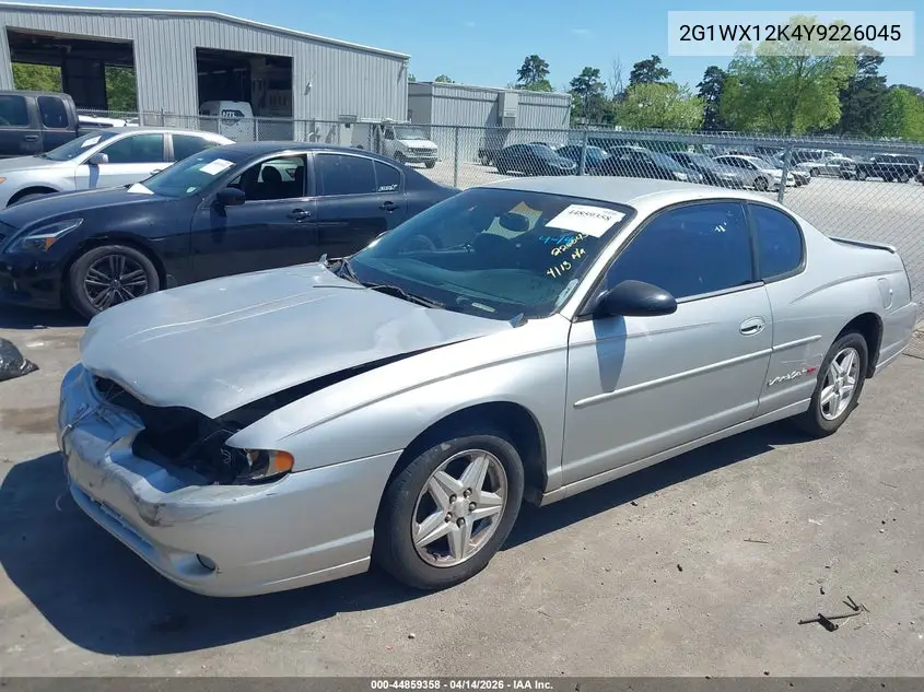 2000 Chevrolet Monte Carlo Ss VIN: 2G1WX12K4Y9226045 Lot: 44859358