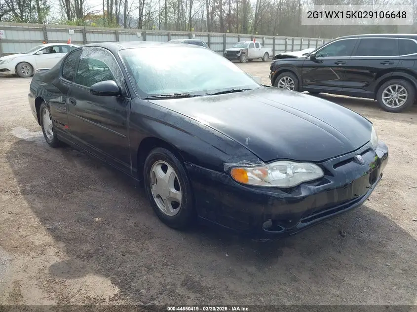 2002 Chevrolet Monte Carlo Ss VIN: 2G1WX15K029106648 Lot: 44650419