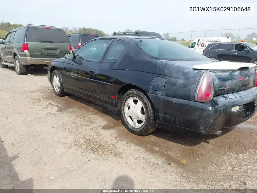 2002 Chevrolet Monte Carlo Ss VIN: 2G1WX15K029106648 Lot: 44650419