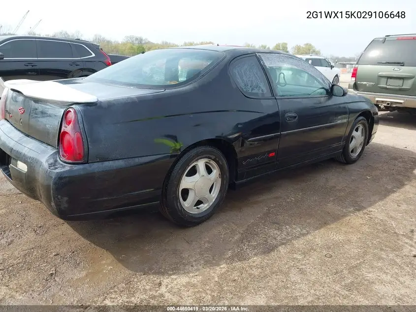 2002 Chevrolet Monte Carlo Ss VIN: 2G1WX15K029106648 Lot: 44650419